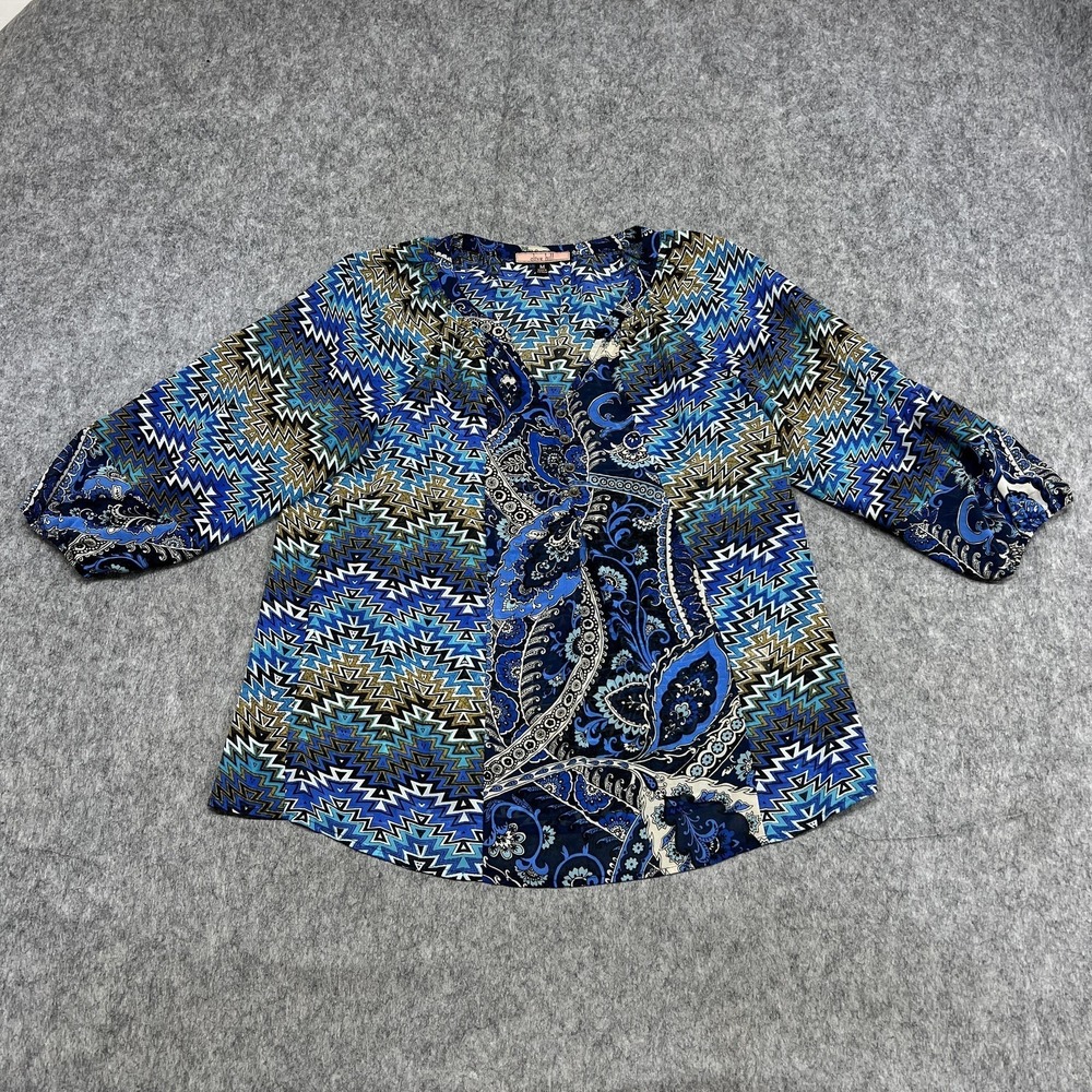 Olive Hill Blouse Womens M Blue Paisley Chevron V Neck 3/4 Sleeve Tunic Top